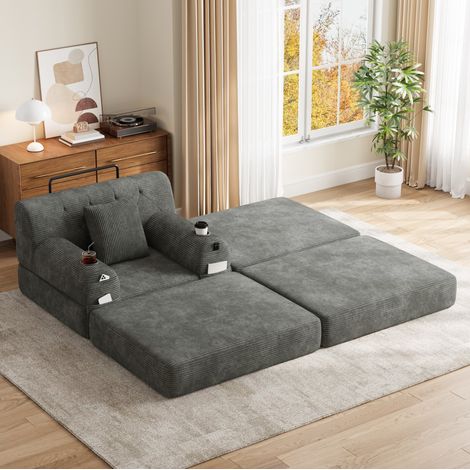 Sofá cama individual 107x162x81 cm de tela gris oscuro con almacenamiento FloraGrace (1/5)