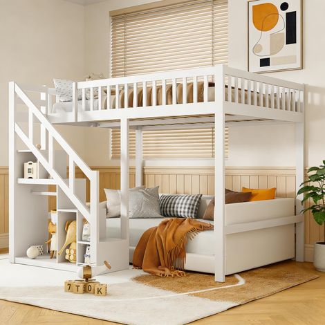 FOERPL-Kinder etagenbett 140x200 cm, 2-Personen-Etagenbett mit Stauraumtreppe, Kids Collective Hochbett Kinder Etagenbettgestell mit Lattenrost und Sicherheitsgeländer, Absturzsicherung
