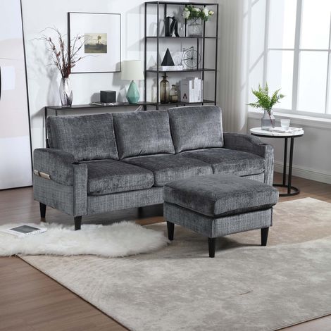 Canapé 4 places 196,5 x 75 x 77 cm - Chenille gris - Pouf coffre, porte-gobelets (1/5)