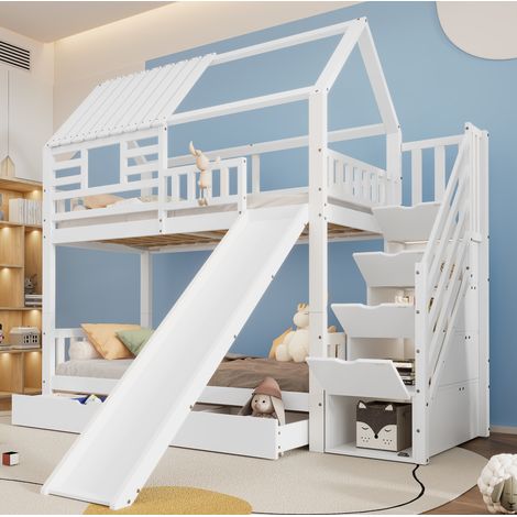 DESVIAE Lit superposé enfant maison avec escalier rangement toboggan tiroirs et barrières de sécurité blanc 90 x 200 cm x 2 en bois massif et MDF (1/5)