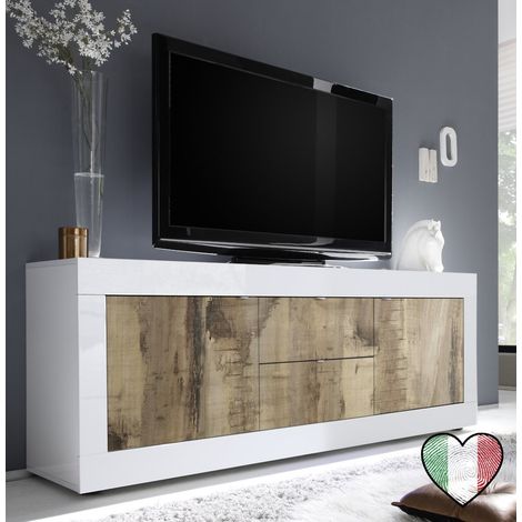 Credenza moderna bassa per soggiorno Bianco laccato lucido, 2 ante e 2 cassetti color Pero - Basic (1/3)