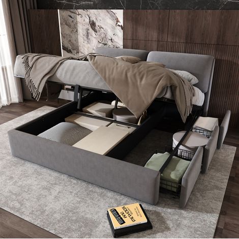 Bett modern aus Samt Grau 180x200 cm mit verstellbarem Kopfteil, 3 Schubladen, Bettkasten und Lattenrost