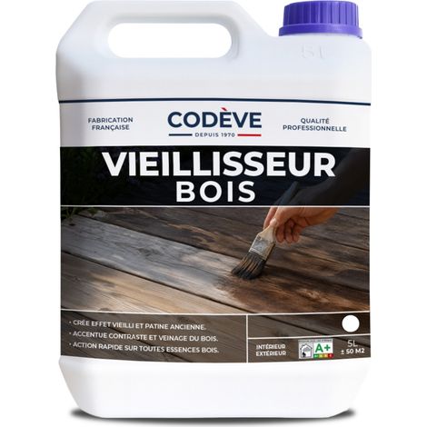Codève Bois – Vieillisseur bois 5 L – Effet vieillissant pour bois brut et neuf – Compatible avec teintes et cires – Prêt à l'emploi pour 10 à 12 m²