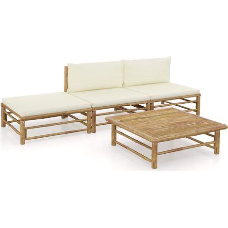 Salon de jardin 4 pcs Ensemble Table et Chaise de Jardin - avec coussins blanc crème Bambou BV576712 - BonneVie (1/5)