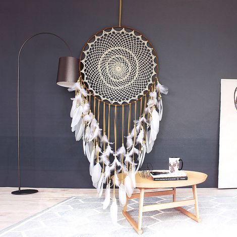 Carillon éolien beige à plumes, style vintage, décoratif, robuste et artisanal, pour balcon (type A). (1/5)