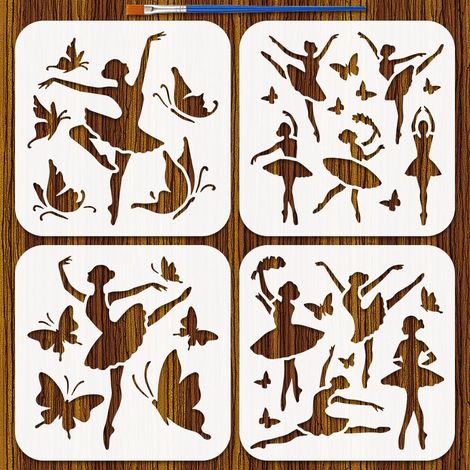 4Pcs Pochoir de Peinture de Ballet Avec Pinceau 15x15cm Pochoir Réutilisable en Plastique Avec Motif de Ballerine 15x15cm pour Peinture sur Bois Meubles Décoration D'Intérieur (1/5)