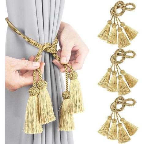 Ensemble de 6 embrasses de rideaux élégantes en corde, ornées de pompons tissés à la main et de finitions dorées. (1/4)