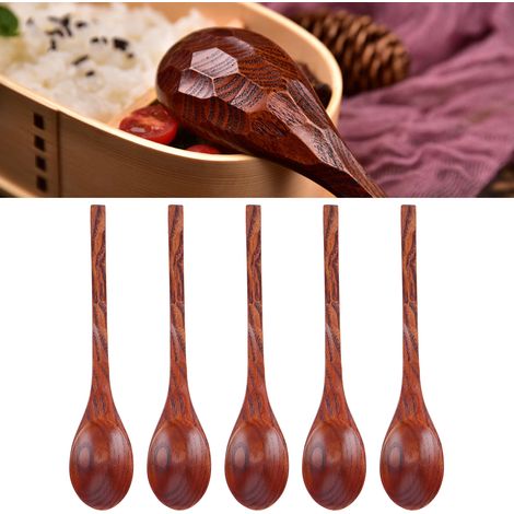 5 Cuillères en Bois Style Japonais à Long Manche pour Soupe et Cuisine, Ustensiles de Table Ménagers