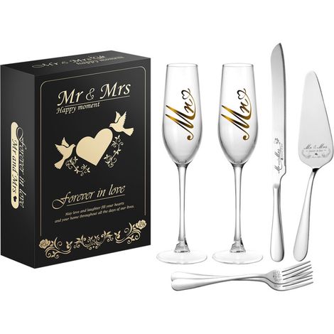 Coffret cadeau de mariage « Monsieur et Madame » en acier inoxydable avec verre à champagne et coupe-gâteau (argenté) (1/5)