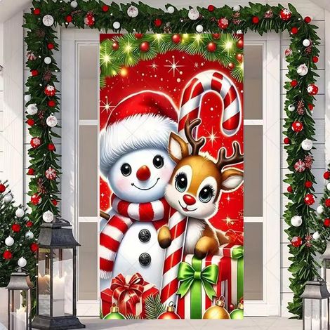 Stickers de porte de Noël, décorations de porte Père Noël, décorations de fête du Nouvel An, décorations de fêtes, banderoles/décorations de porte - 90 x 180 cm (avec trous et ruban) - 14