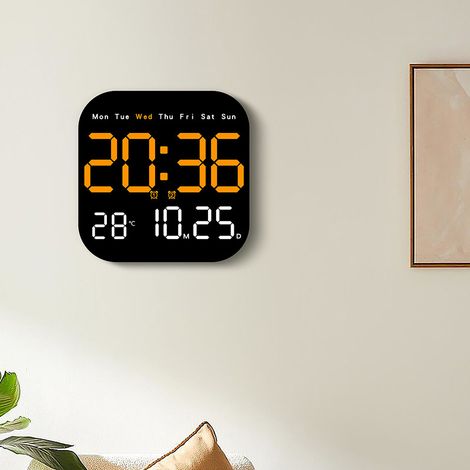 Reloj de pared LED multifuncional, con mando a distancia, temporizador, temporizador de cuenta atrás, indicador de temperatura, color naranja. (1/4)