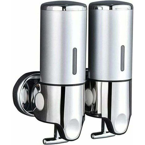 Wall-mounted dual-port soap dispenser, compatible with shampoo, conditioner, shower gel, lotion and soap. Can be used in the bathroom or kitchen. Silver color. (1/4)