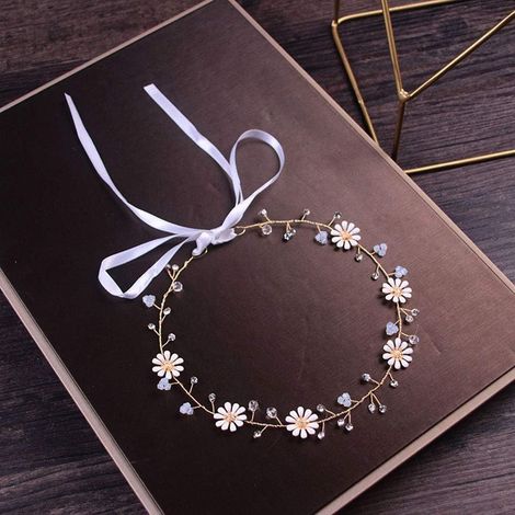 Headband Mariage - Fleur De Pâquerette - Perles Et Strass - Pour Cheveux - Accessoire De Coiffure Nuptiale - 1 Pièce (1/5)