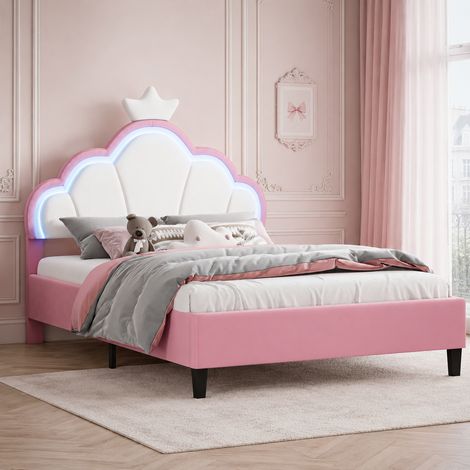 Cama infantil 140x190 cm con cabecero en forma de corona, iluminación LED RGB y altura regulable, tapizada en terciopelo suave, rosa y blanco (1/5)