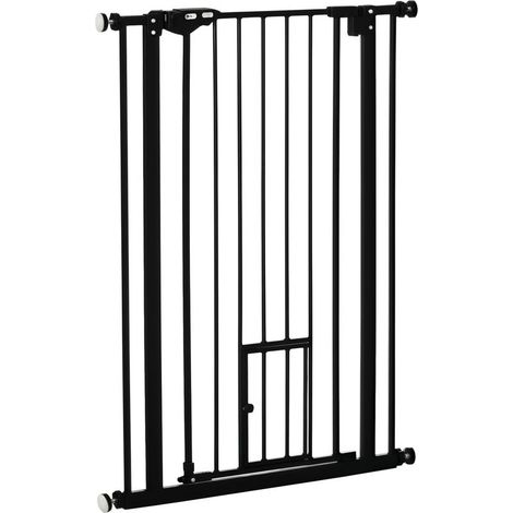 104 cm hohes Haustier-Sicherheitsgitter mit Katzenklappe, automatischer Schließung, doppeltem Verriegelungssystem, kein Bohren erforderlich, 74–80 cm breit, schwarzer Stahl (1/5)