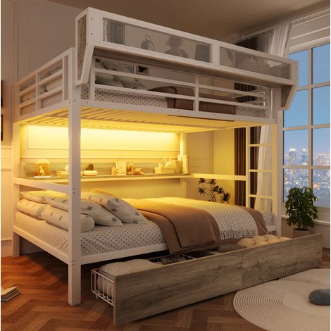 REDOM - Litera 140x200 cm - con estante - cesta - 2 cajones y LED metal MDF- blanco (Sin colchón) (1/5)
