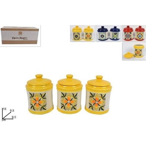 Trade Shop - Set 3 Pezzi Tris Barattoli Colorati In Ceramica Con Decoro Fantasia Maiolica -