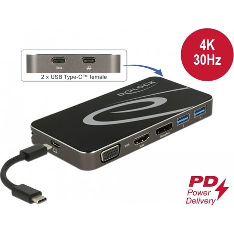 Delock USB Type-Câ¢ 3.2 Dockingstation 4K HDMI DP / 1080p VGA, USB Hub und PD 3.0