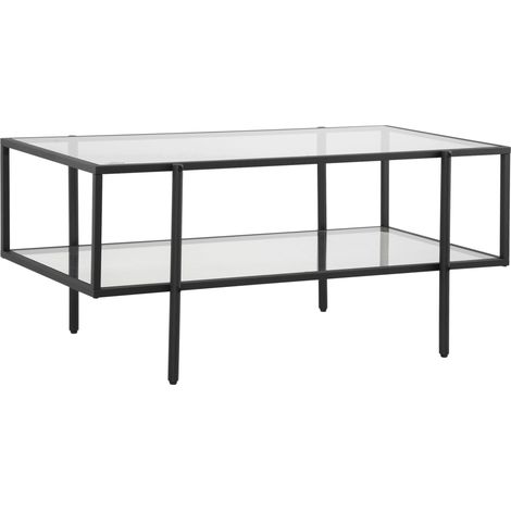 Table basse 100 x 55 x 45,5 cm avec étagère, pieds réglables, structure en acier et plateau en verre, table de salon moderne, meuble blanc (1/5)