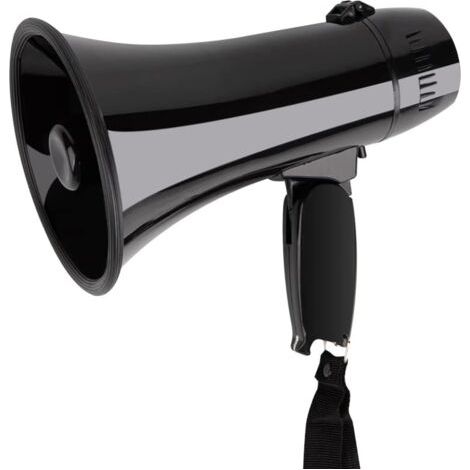 Megáfono portátil de 20 W con control de volumen y correa para la muñeca, color negro. (1/5)