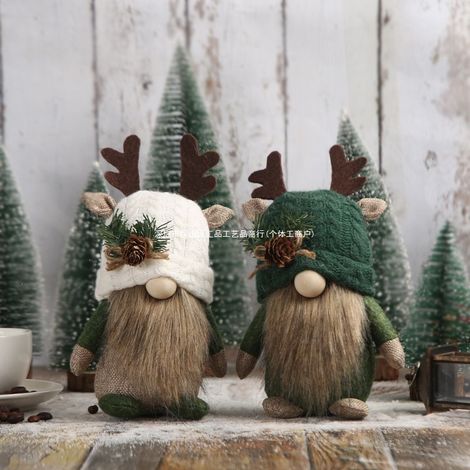 Adorable poupée en bois de cerf tricotée, décoration de fenêtre, vieil homme sans visage de la forêt, ornement de bureau B1-39 chapeau vert-