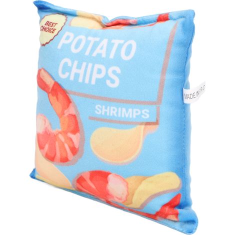 Jouet pour chien en peluche en forme de chips, avec hochet intégré, résistant aux morsures, en forme de sac à friandises, pour chiot, couleur crevettes fraîches bleues. (1/5)
