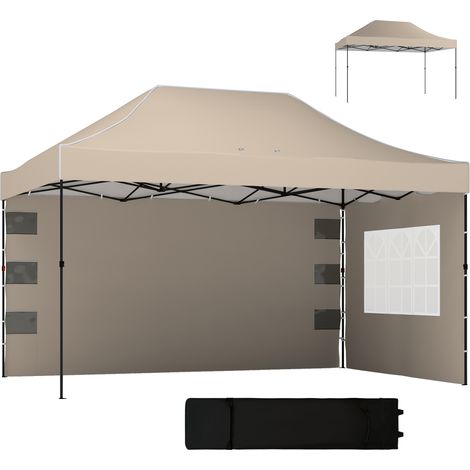 Faltbarer Pop-Up-Pavillon mit Seitenwänden und Fenstern, 2,9 x 4,3 m, aus Metall und Oxford-Gewebe, Sandbraun