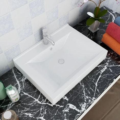 Les Tendances – Vasque à poser rectangulaire en céramique blanche 60 x 46 cm – Finition laquée – Installation au-dessus du comptoir ou suspendue (1/5)