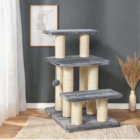 Escalier pour animaux 3 marches en bois avec griffoirs sisal (1/5)