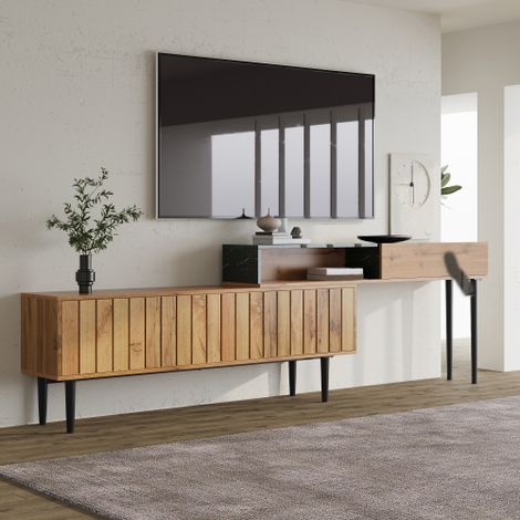 Meuble TV marbre et bois, chants PVC, pieds fer, bois foncé (1/5)