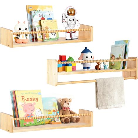 Trintion Kinder Bücherregal Wand aus Massivholz, 40cm Wandregal Kinderzimmer, Montessori Regal für Bücher und Spielzeug, Schweberegal Holz, Offenes Kinderbuchregal zur Aufbewahrung im Kinderzimmer (60 (1/5)