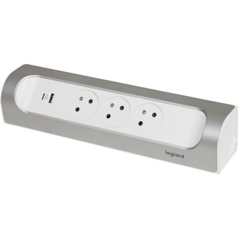 Legrand – Multiprise d'angle 3 prises affleurantes avec 2 ports USB A et C – Installation discrète – Aluminium peint blanc – 3680W