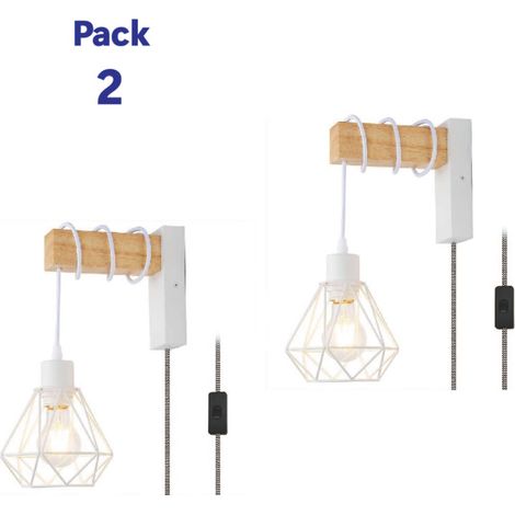 Lot de2 appliques murales bois naturel vintage E27 cage blanche avec prise