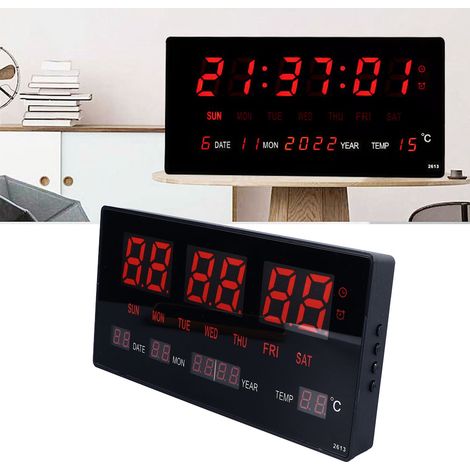 Reloj de pared LED rojo grande con alarma horaria, calendario e iluminación inteligente – reloj digital rojo (1/5)