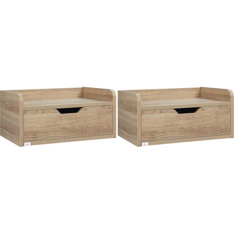 Lot de 2 tables de chevet suspendues avec tiroir, plateau effet bois, dimensions 40 x 30 x 19,5 cm, pour chambre. (1/5)
