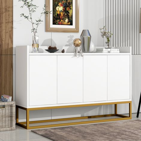 Credenza in legno bianco 120x30x80 cm, 4 ante, ripiani regolabili, apertura push e struttura con telaio in metallo (1/5)