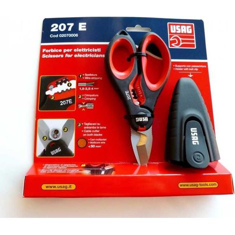 Usag – Ciseaux professionnels pour électriciens – Lame micro-dentée antidérapante – Coupe-câble jusqu'à 50 mm2 – Pince à dénuder intégrée