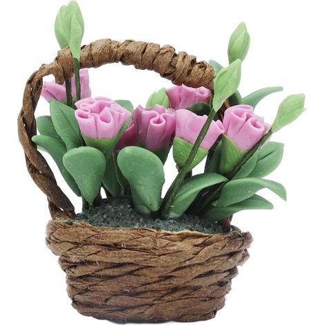 Panier miniature en osier avec fleurs en argile, décoration pour maison de poupée 1:12, œillets simulés (1/5)