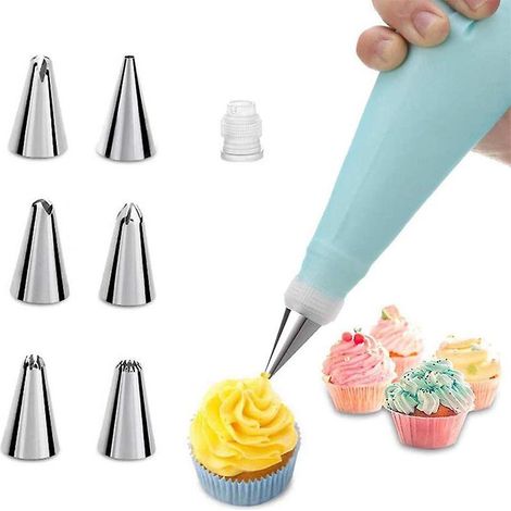 Kit de décoration de gâteaux DIY bleu en acier inoxydable 8 pièces avec 6 douilles, 1 poche à douille et 1 adaptateur (1/5)