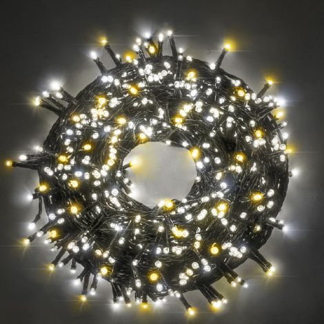 Luccika Home stringa catena 5 mt serie da 100 luci per albero di Natale a led bianco ghiaccio e bianco caldo 31V cavo verde con 8 giochi di luce e memoria IP44 per uso esterno interno Bianco ghiaccio (1/5)
