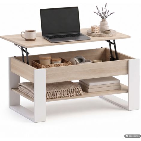 Mesa de centro elevable DENVER 92 cm rectangular con estante Roble Sonoma patas blancas