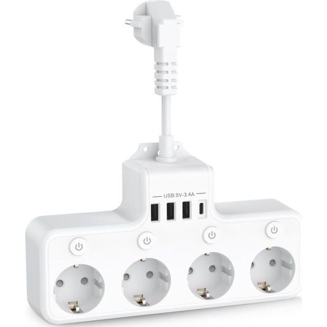 8-in-1 USB-Steckdosenleiste mit 4 Steckdosen, 4 USB-Anschlüssen und Reiseladegerät (5 V/3 A, 5 V/2,4 A), 3680 W, 16 A Mehrfachsteckdosenleiste mit 4 Einzelschaltern für Zuhause und Büro – Weiß