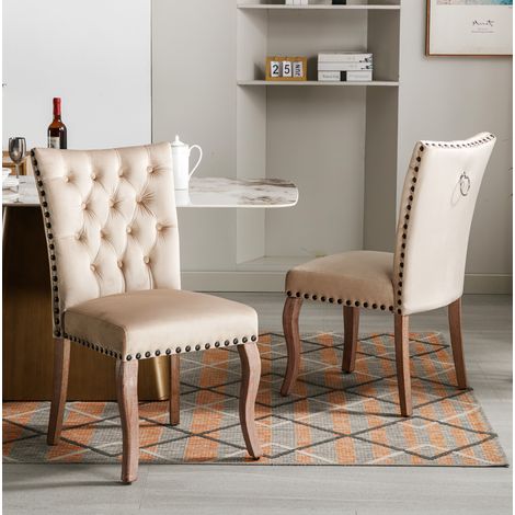 Sedia da pranzo in velluto colore camel chiaro, struttura in legno massiccio, con dettagli decorativi moderni,49×63×95cm (1/5)