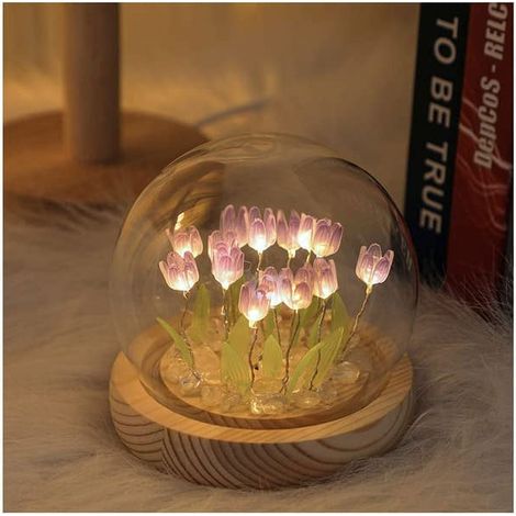 Lampe De Nuit Tulipe - Guirlande Lumineuse À Led Avec Fleurs En Tissu Et Base En Bois - Décoration Intérieure Pour Chambre À Coucher Bureau - Kit De Montage Diamant Floral - 20 Pièces (1/4)
