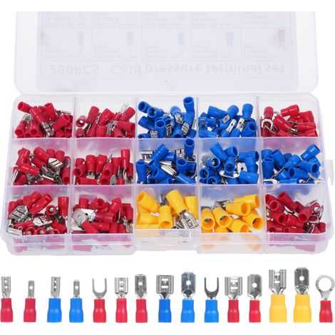 Juego de 280 conectores de crimpado para cables eléctricos, que incluye terminales de crimpado aislados, terminales de anillo y conectores planos de conexión rápida. (1/5)