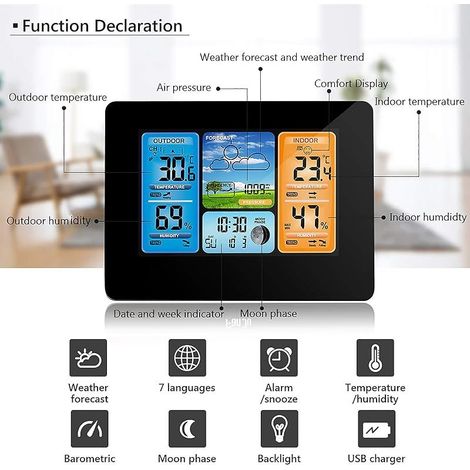 Stations Météo Sans Fil avec Capteur Intérieur Extérieur, Station Météo Numérique LCD avec Température/Humidité/Barométrique/Prévisions/Phase de Lune/Réveil pour Maison Bureau Jardin (RF Noir) (1/5)