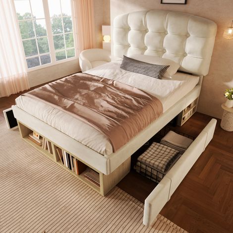 Einzelbett 90x200 cm mit verstellbarem Kopfteil und Schubladen, in Veloursbeige, ohne Matratze (1/5)