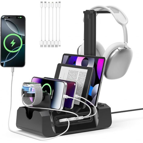 Organisateur de Station de Recharge, Station de Recharge 6 en 1 avec Support pour Casque et Montre, 2 Prises CA, 3 Ports USB A, 1 Port USB C, Rangement pour Smartphone, Tablette (1/5)