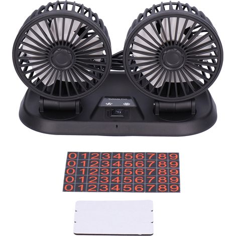 Electric Car Fan 360° Rotatable DoubleHead 5 Blades USB Powered Cooling Fan with Parking Number Sticker for Car Vehicles