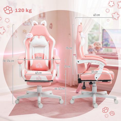 Gaming-Sessel mit Katzenohren, neigbare Lehne, ausziehbare FuĂźstĂĽtze, bis 120 kg, Rosa/WeiĂź (1/5)